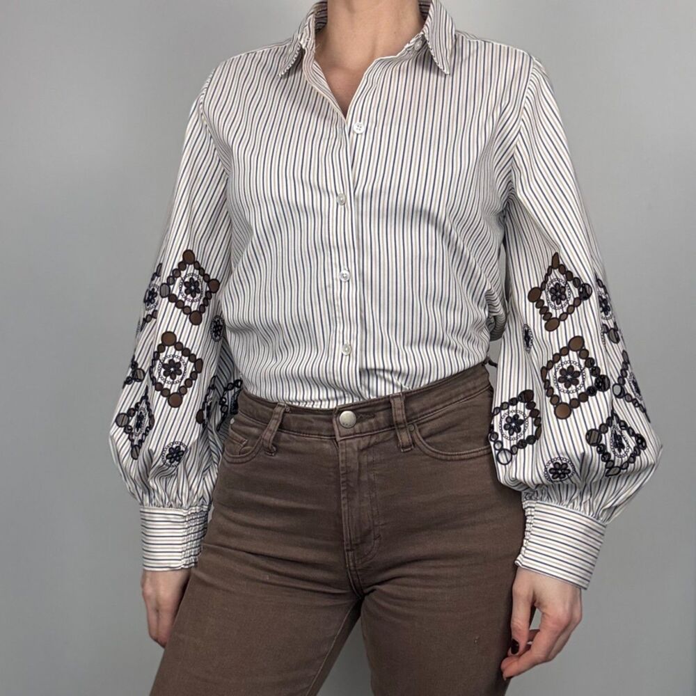 Chico’s Striped Embroidered Balloon Sleeve Blouse Boho Button Front Top